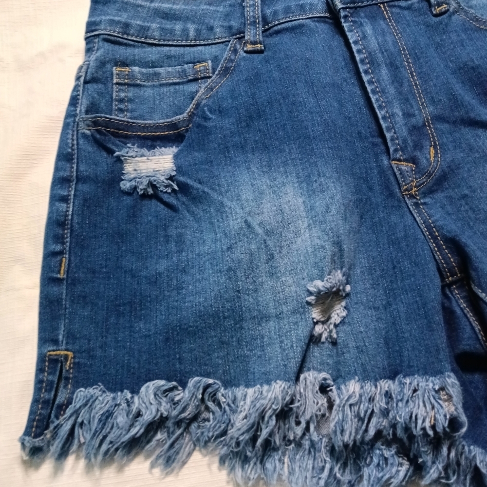 🦋 High Rise Denim Shorts Blue Mid Wash Cut Off Size S - Picture 2 of 9